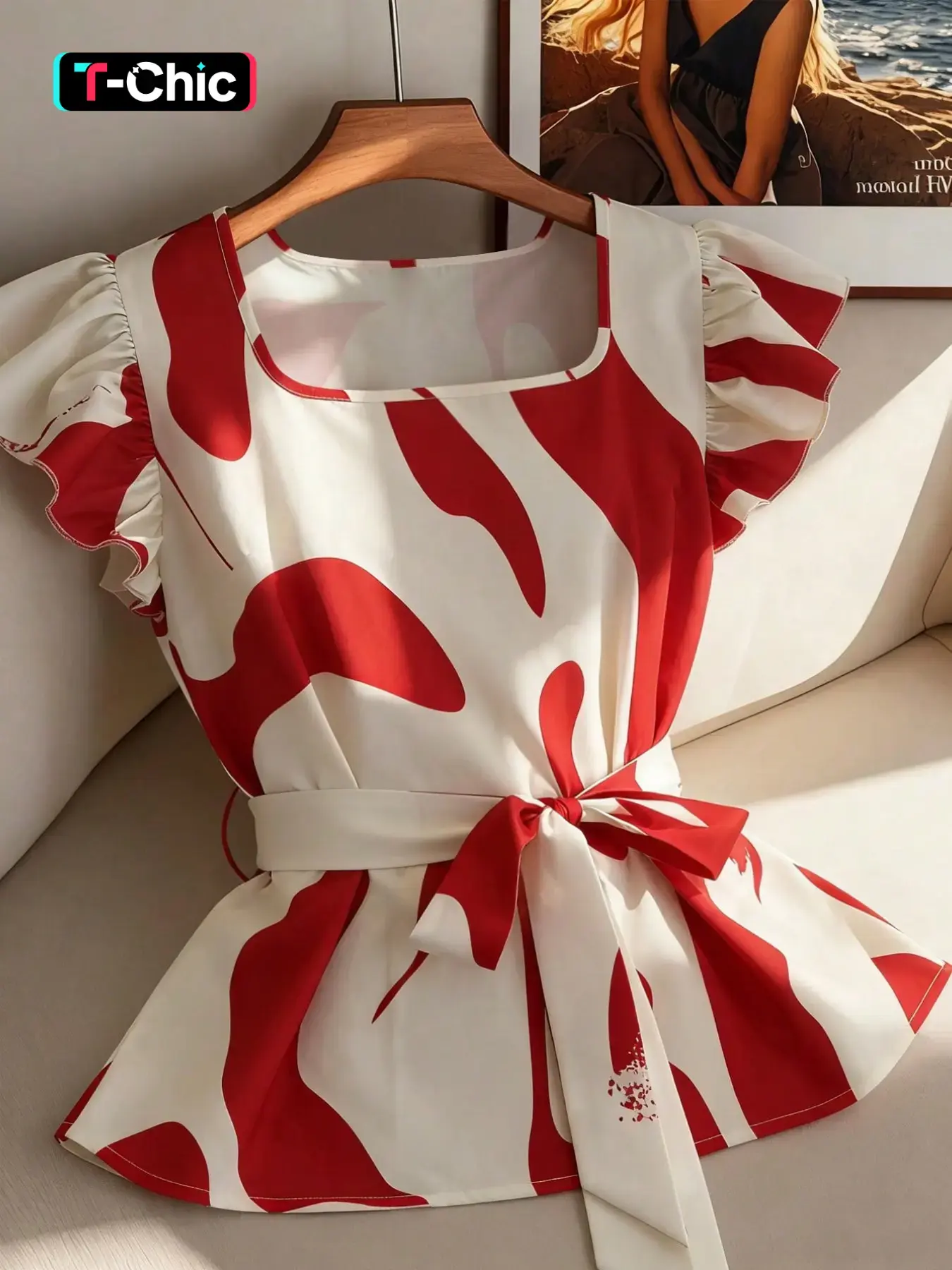 New Elegant Design Square Neck Belted Waist Slimming Wave Sleeve Blouse, Chic Graceful Versatile Color Block Print Casual Classy Fashion Women's Summer Shirt Top Blouses Shirts Tops