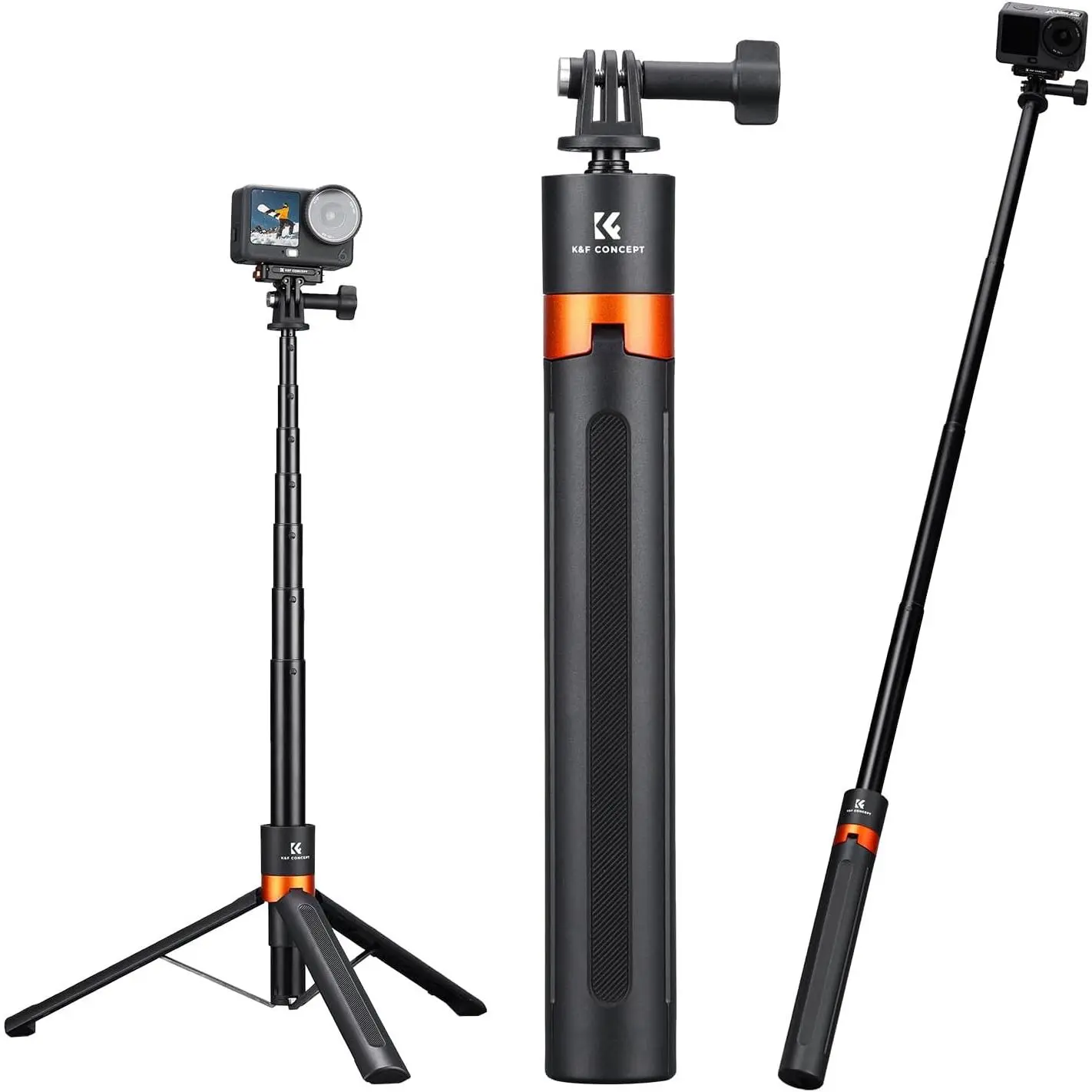 K&F CONCEPT 142cm/55.9" Telescopic Selfie Stick Tripod for Action Camera, 2-in-1 Portable Stand Handle Stick Pole for GoPro Hero 13/12/11/10/9/8, DJI Osmo Action 6/Osmo Action 5 Pro/4/3 Accessories