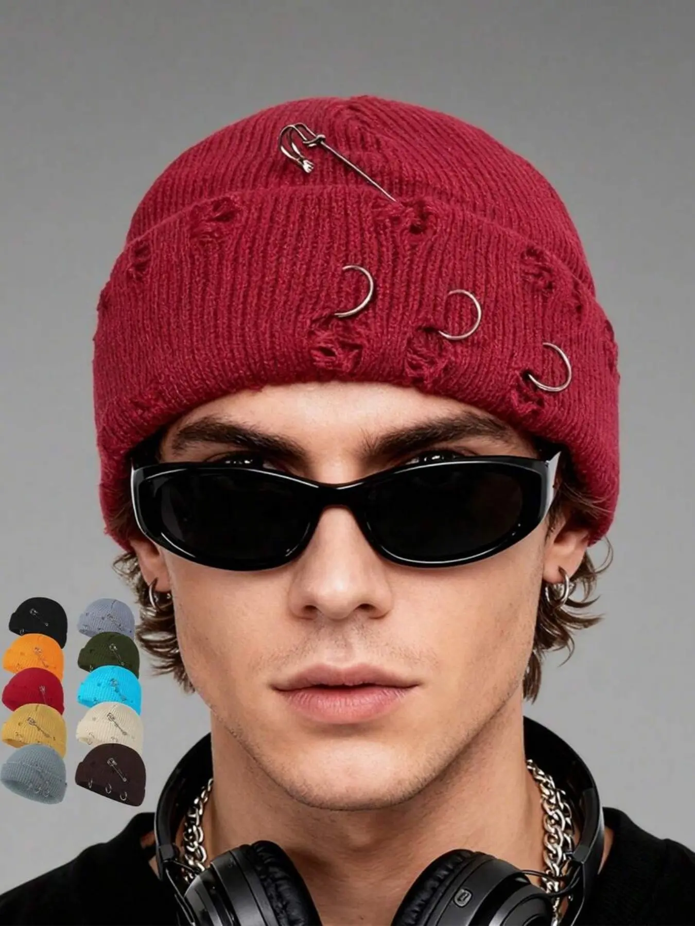 Ripped Knit Beanie Hat, Street Style Cap, European and American Chain Hole Knit Hat, Outdoor Flat Top Warm Hat, Casual Outdoor Hat, Beach Vacation
