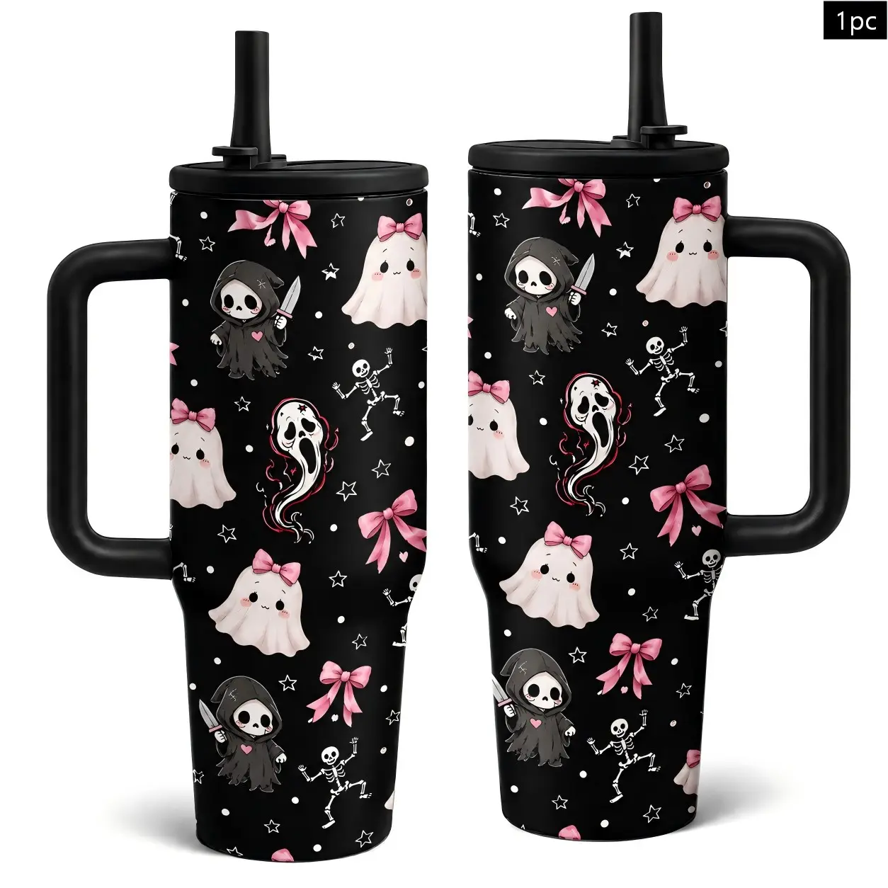 1PC Coquette Halloween 40oz Vacuum Insulated Drink Tumbler With Handle Lid Straw, Pink Bow Cute Ghost Skeleton Horror Face Insulated Stainless Steel Travel Cup, Spooky Season Gothic Stylish Coffee Mug Gift For Women Car Office Travel