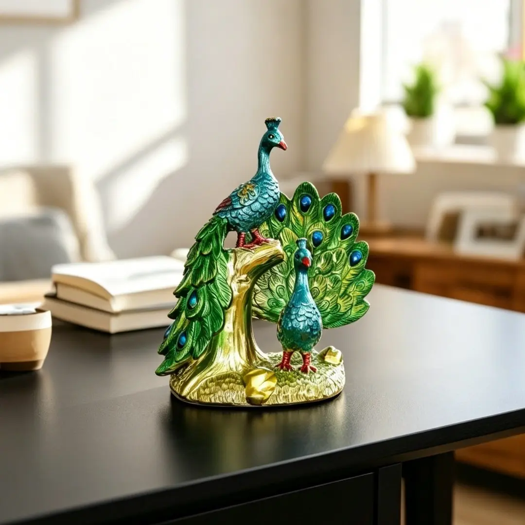Luxury Dual Peacock Resin Ornament, Home Ornaments, Decoration Items, Retro European Vintage Home Decoration, Bohemian Style Living Room Shelf Art, Lucky Animal Feng Shui Piece