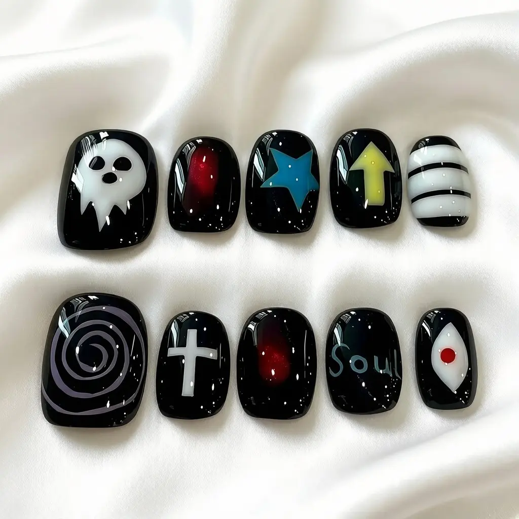 10pcs Short Square Press on nails, Unisex Y2K Star Arrow Gothic Pattern, Glossy Finish, Diy Nails Art, Perfect for Halloween Party Reusable Easy to Wear for Parties, Daily & Dancing, Nail Art Tool Spring Nails Summer Nails, Decorative Nails