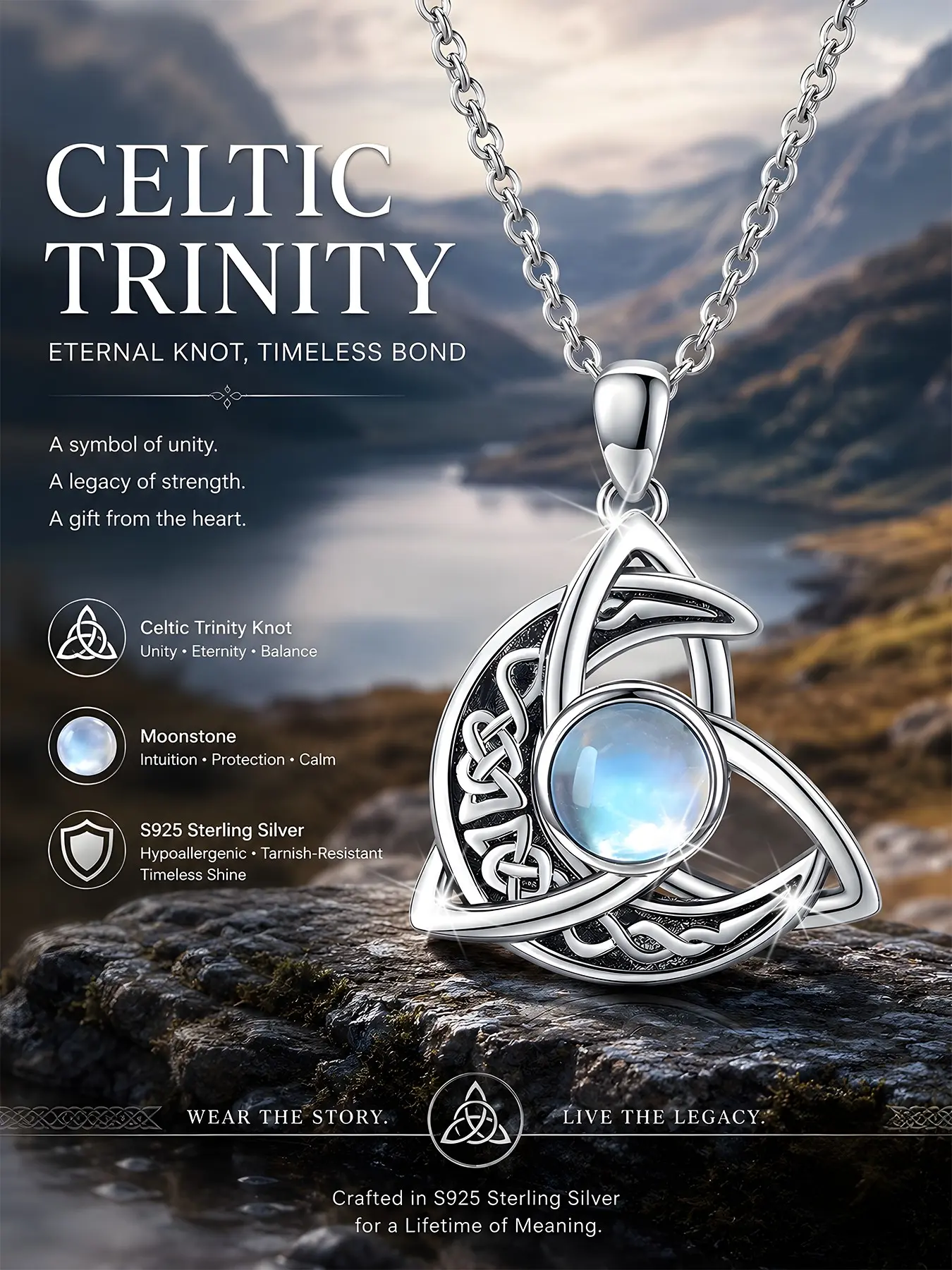 Women's S925 Sterling Silver Elegant Design Boho Style Celtic Knot Moonstone Pendant Necklace, Casual Fashion Chain, Daily Versatile Chain, Daily Wear Gift Jewelry, Dainty Boho Necklace, Pendants Necklaces