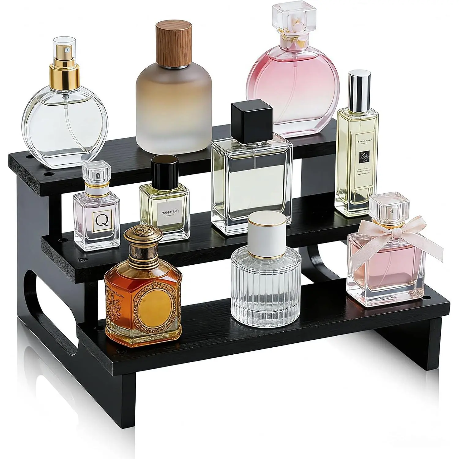 Men's 3-Tier Solid Wooden Decorative Cologne Holder with Carry Handles, Compact Footprint Storage Rack for Daily Use, Countertop Organizer for Skincare, Candles