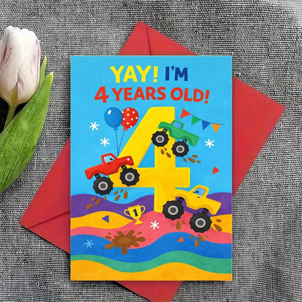 Birthday Card for 4-Year-Old Boys, Cool Monster Trucks Design, Includes Envelope, Perfect for Celebrating Special Days