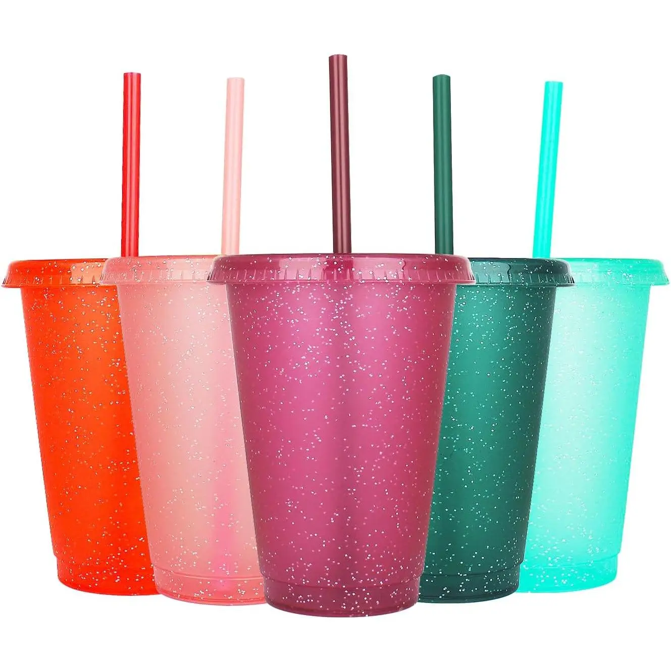 16oz Tumbler with Straw and Lid,Water Bottle Iced Coffee Travel Mug Cup, Plastic Cups, for Parties,Birthdays, 5 Pack (Rainbow)