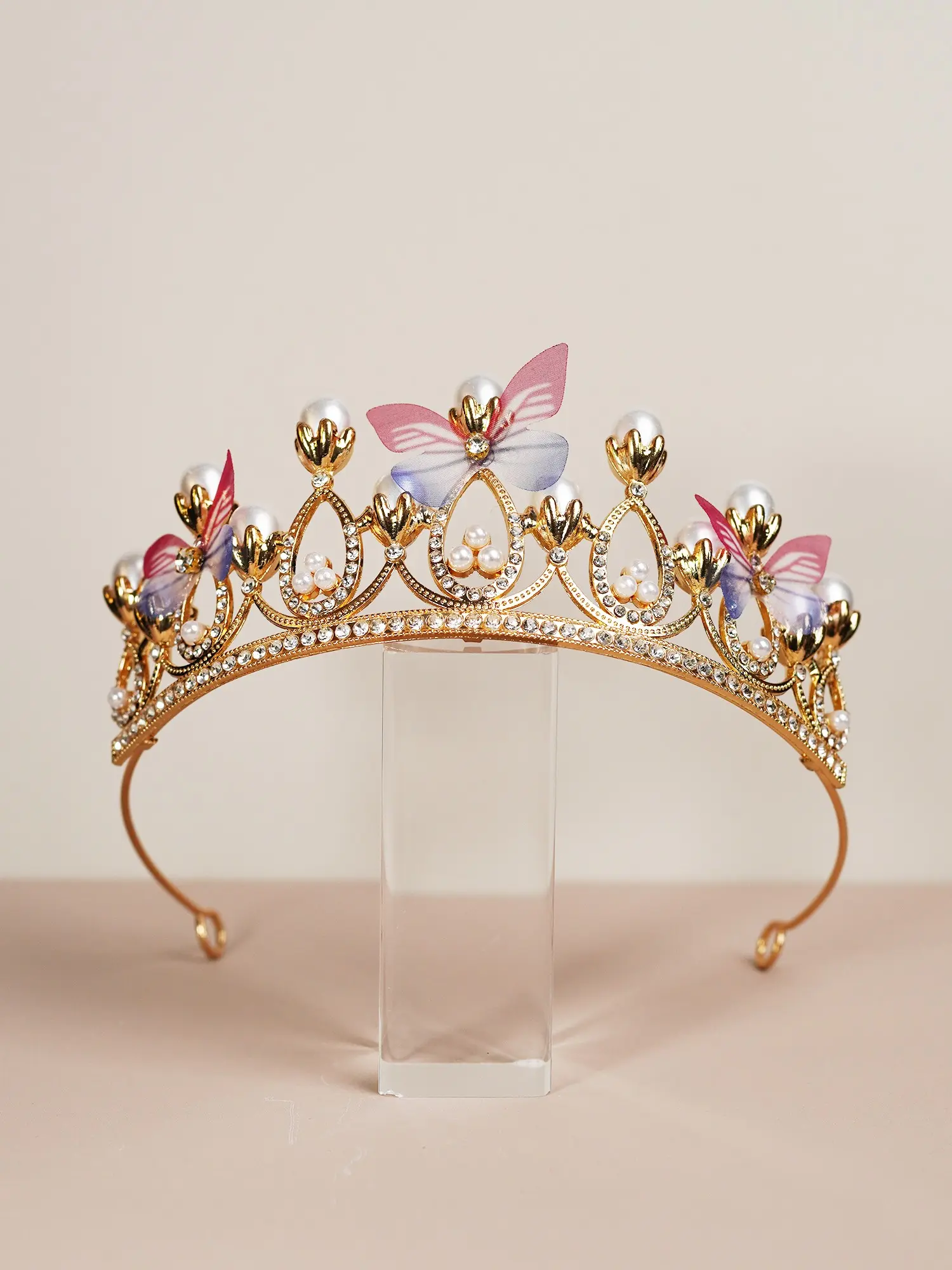 Handmade Butterfly Princess Girl Crown Tiara Headband, Imitation Pearl Hair Band, Elegant Gift for Girls' Birthday Party Dance Event