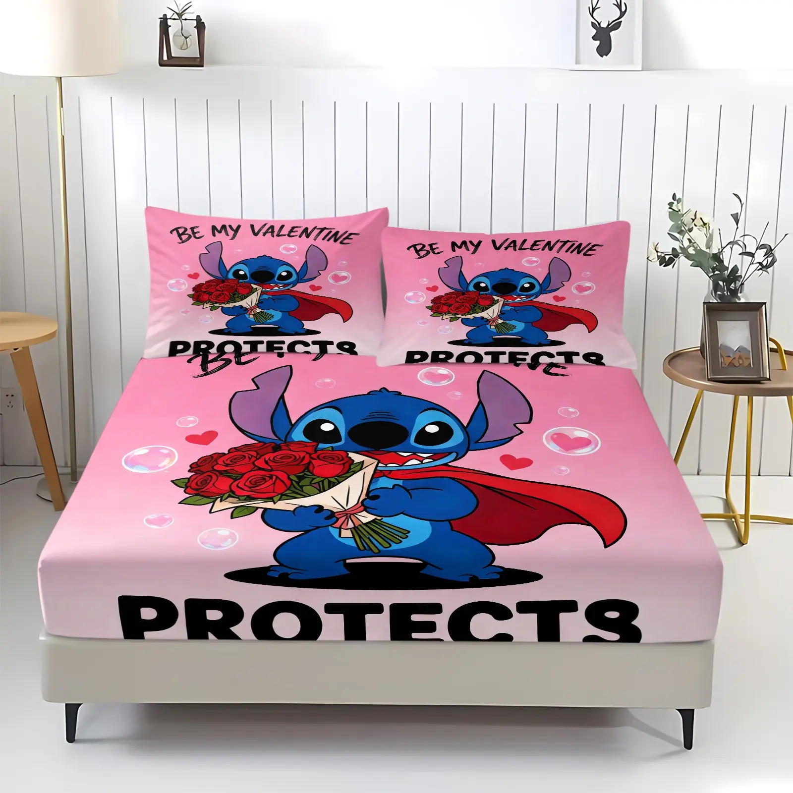 Valentine's Day themed Stitch Cute Cartoon Pattern Bed Sheet, Comfortable Printed Pattern, Includes 1 Bed Sheet and 2 Pillowcases, Comfortable Bedding, Non slip Dust Cover Suitable for Bedroom and Guest Room, Suitable as Valentine's Day Gift