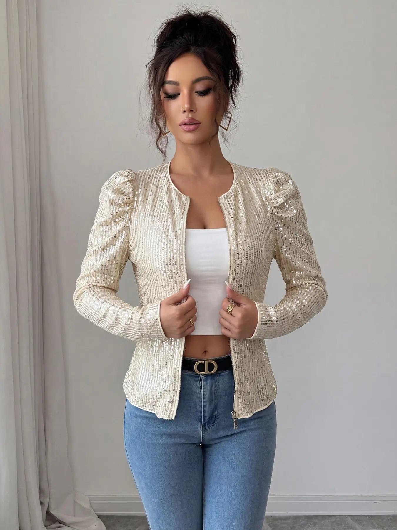 Women's Sequined Zipper Jacket, Long Sleeve Peter Pan Collar Top, Fitted Short Outerwear for Evening Parties, All-Season Fashion