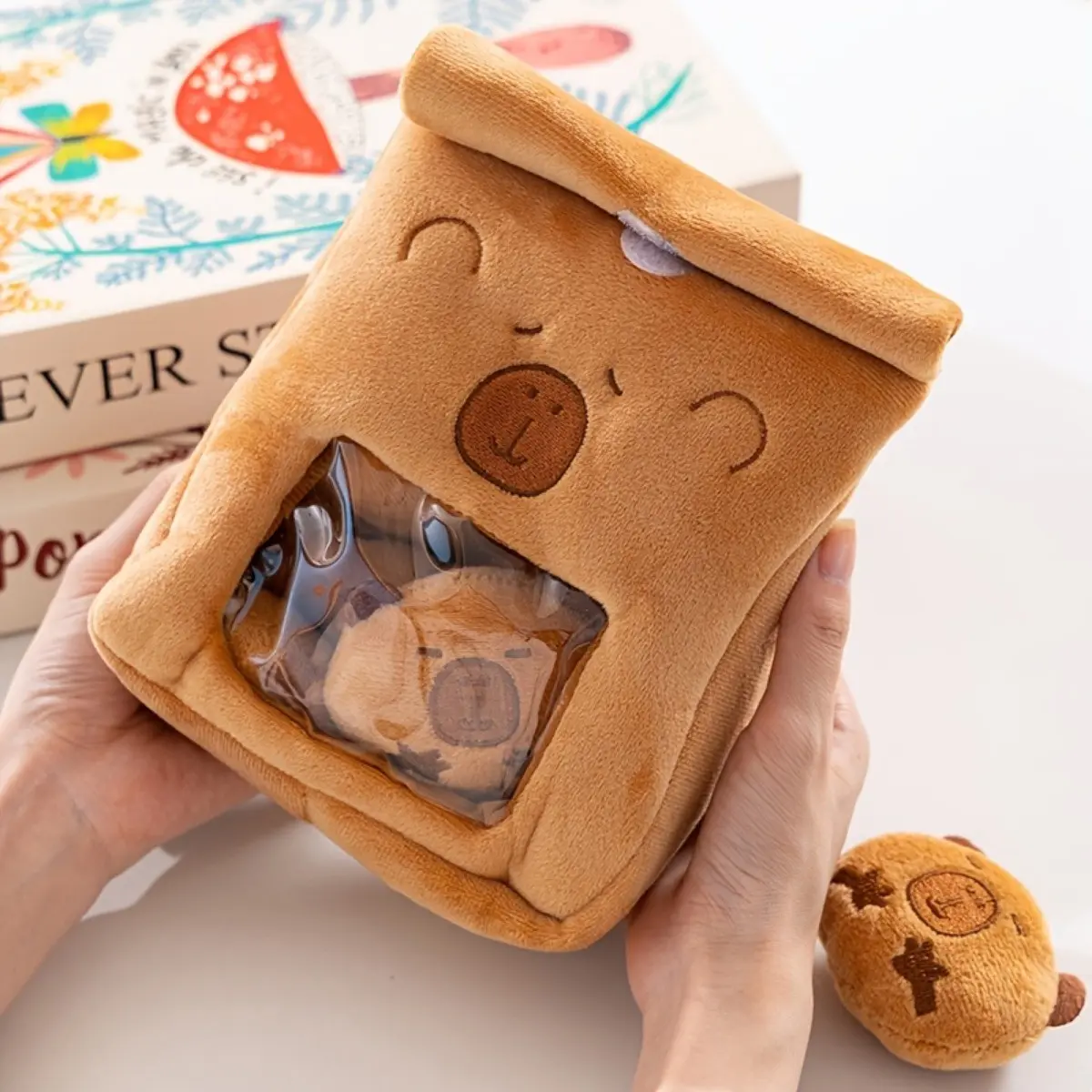 Cute Snack Bag Plush Set with 4 Mini Capybara Dolls, Soft Fluffy Stuffed Animal Toy, Kawaii Storage Pouch, Gift for Kids & Capybara Lovers