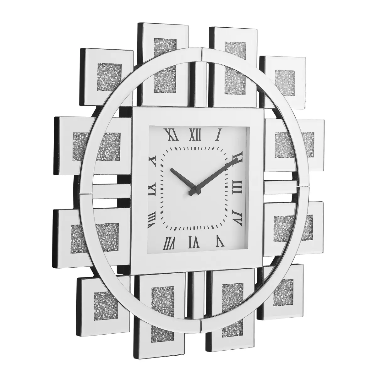Art Deco Style Floating Crystal Clock with Roman Numerals, Beveled Mirror, Glass & MDF Box - Hanging, Resistant Modern Geometric Home Decor