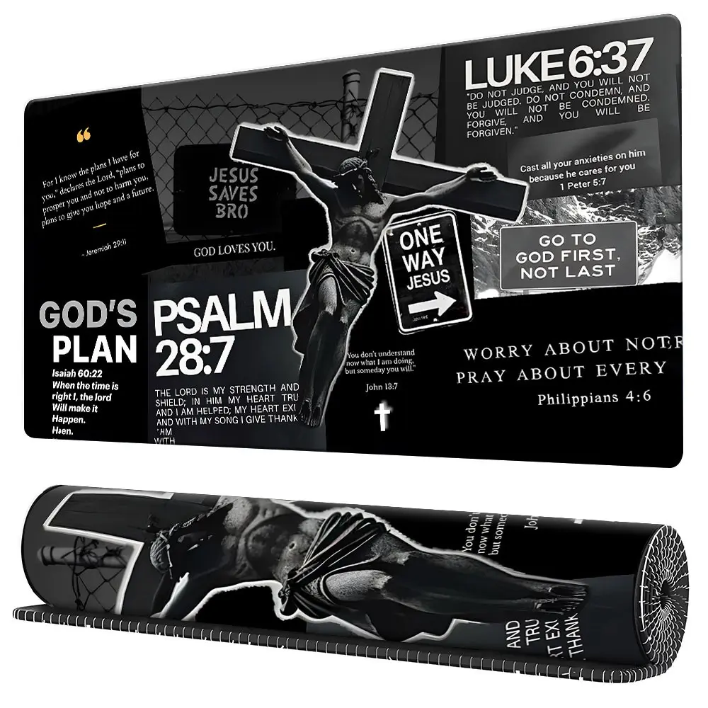 Vintage Faith Bible Verse Cross Graphic Large Gaming Mouse Pad, Extended Computer Keyboard Mouse Mat, Non-Slip Rubber Base Stitched Lock Edges Desk Pad, Multi-Size for Home Office Gaming, Perfect Gift for Faith & Spiritual Believers