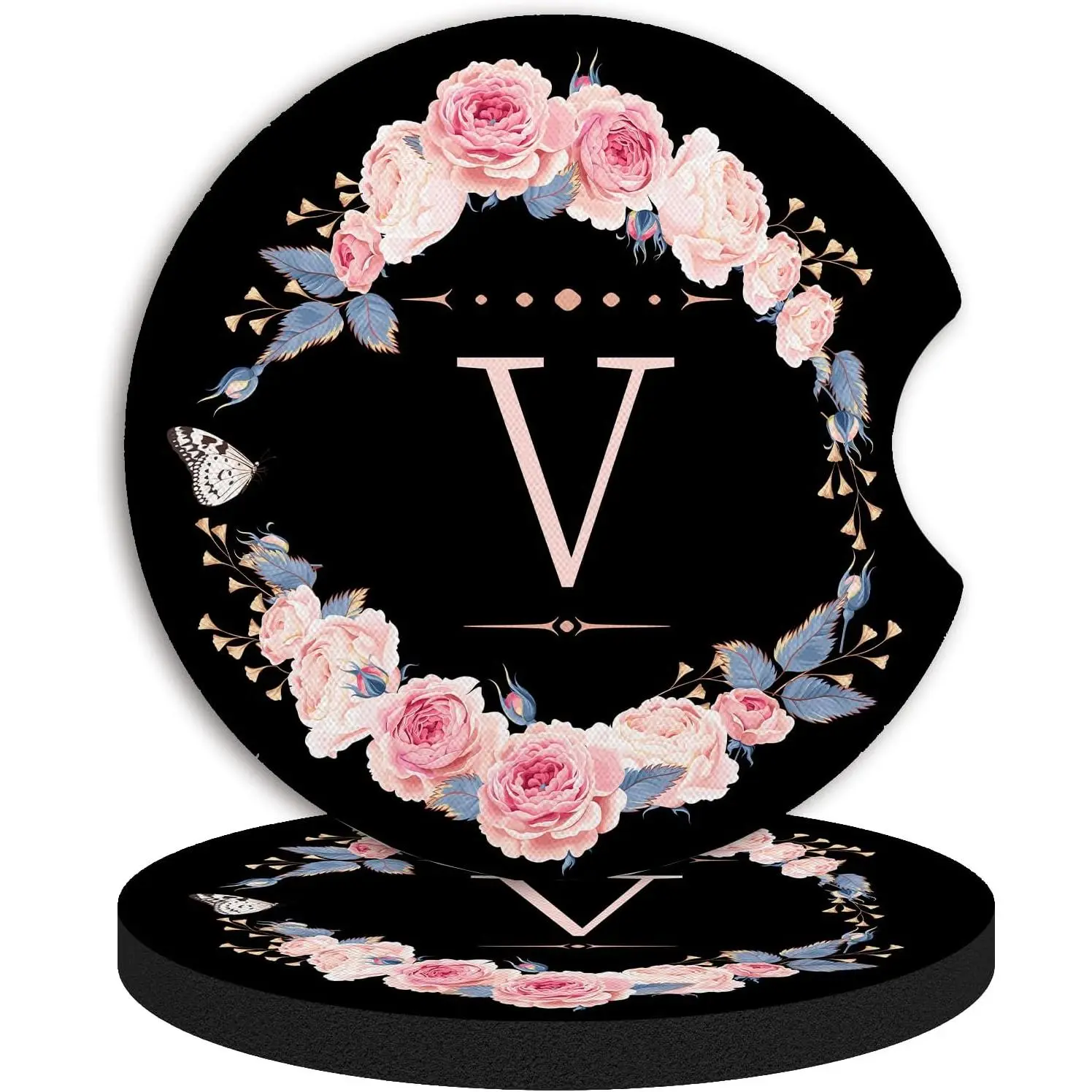 2 count Letter V  Coasters,Absorbent  neoprener Cup Holder Coasters with a Finger Notch, Accessories for Women&Man Interior,2.75"