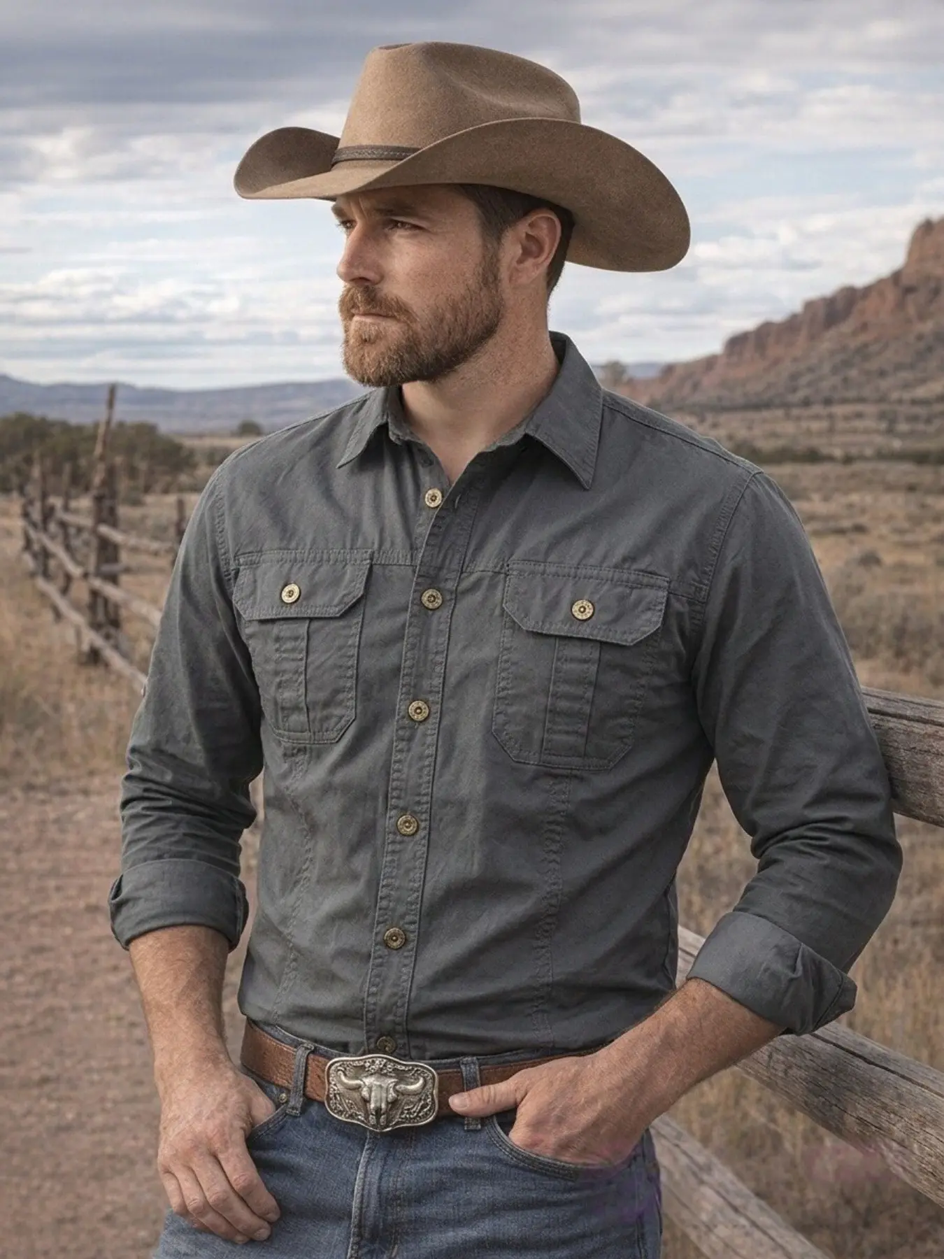 Classic Men's Button-Down Shirt, Casual Outdoor Shirt, Long Sleeve Western Style Casual, Chest Pocket Design, Classic Casual Fashion, Perfect for Daily Wear & Ranch
