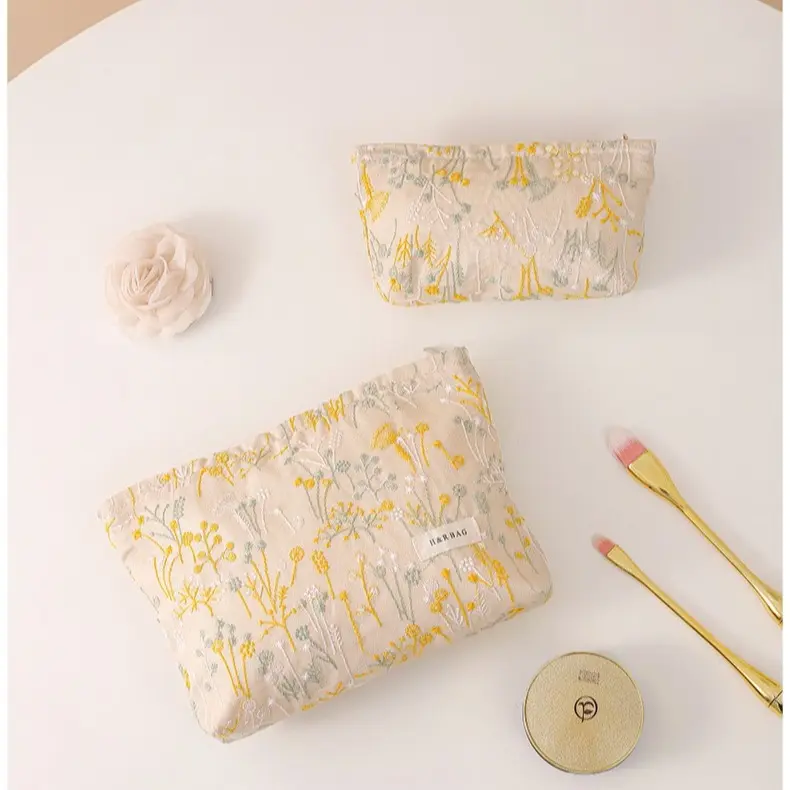 New Ramie Cotton Linen Embroidery Makeup Bag, Portable Handheld Canvas Cosmetic Storage Pouch For Lipstick Skincare Toiletries Travel Wash Bag