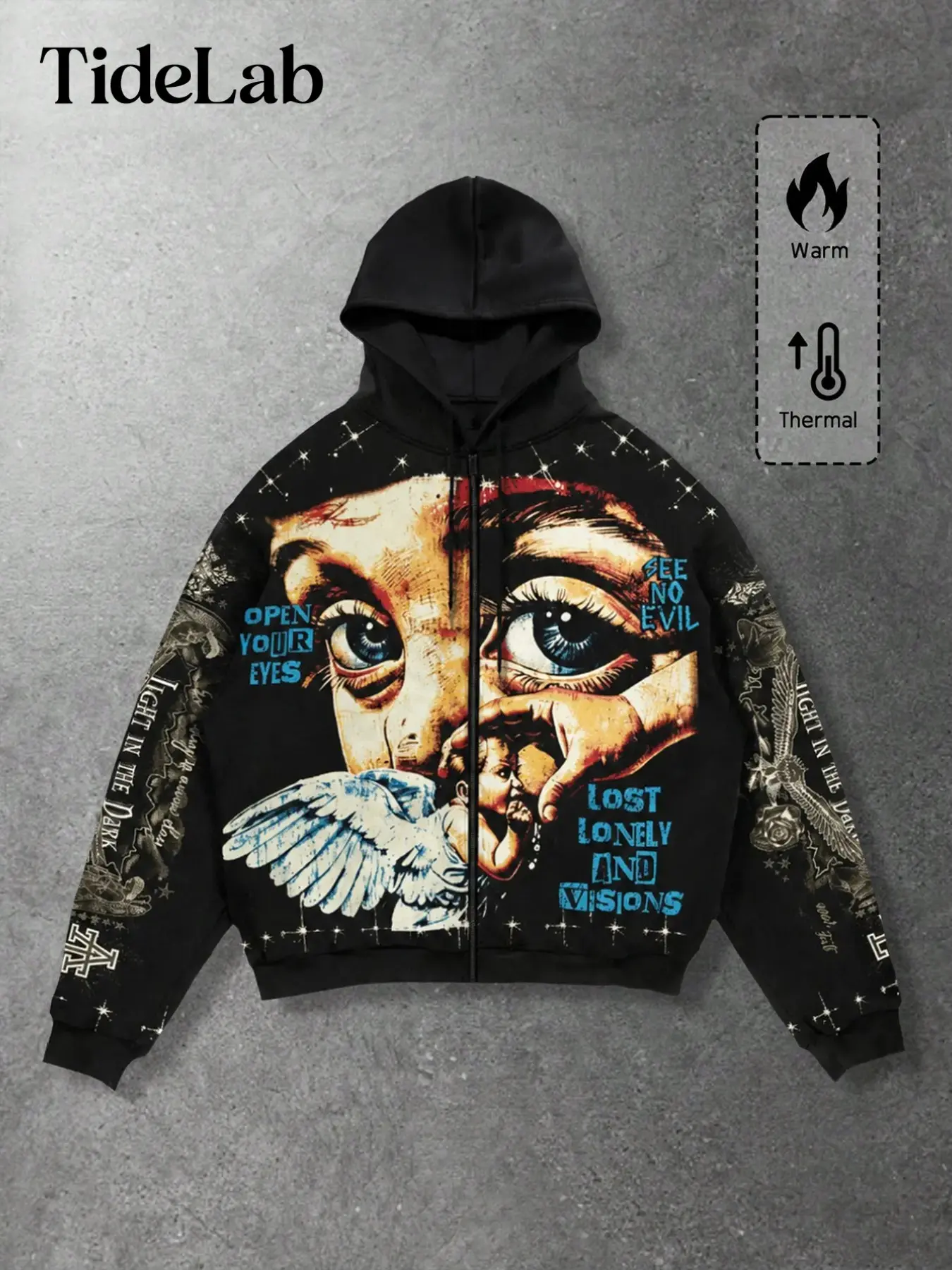 Unisex Zipper Hoodie with Retro Angel Eye Print, Warm Loose Streetwear for Daily Outdoor Wear, Neutral Y2K Style, Perfect for All Seasons