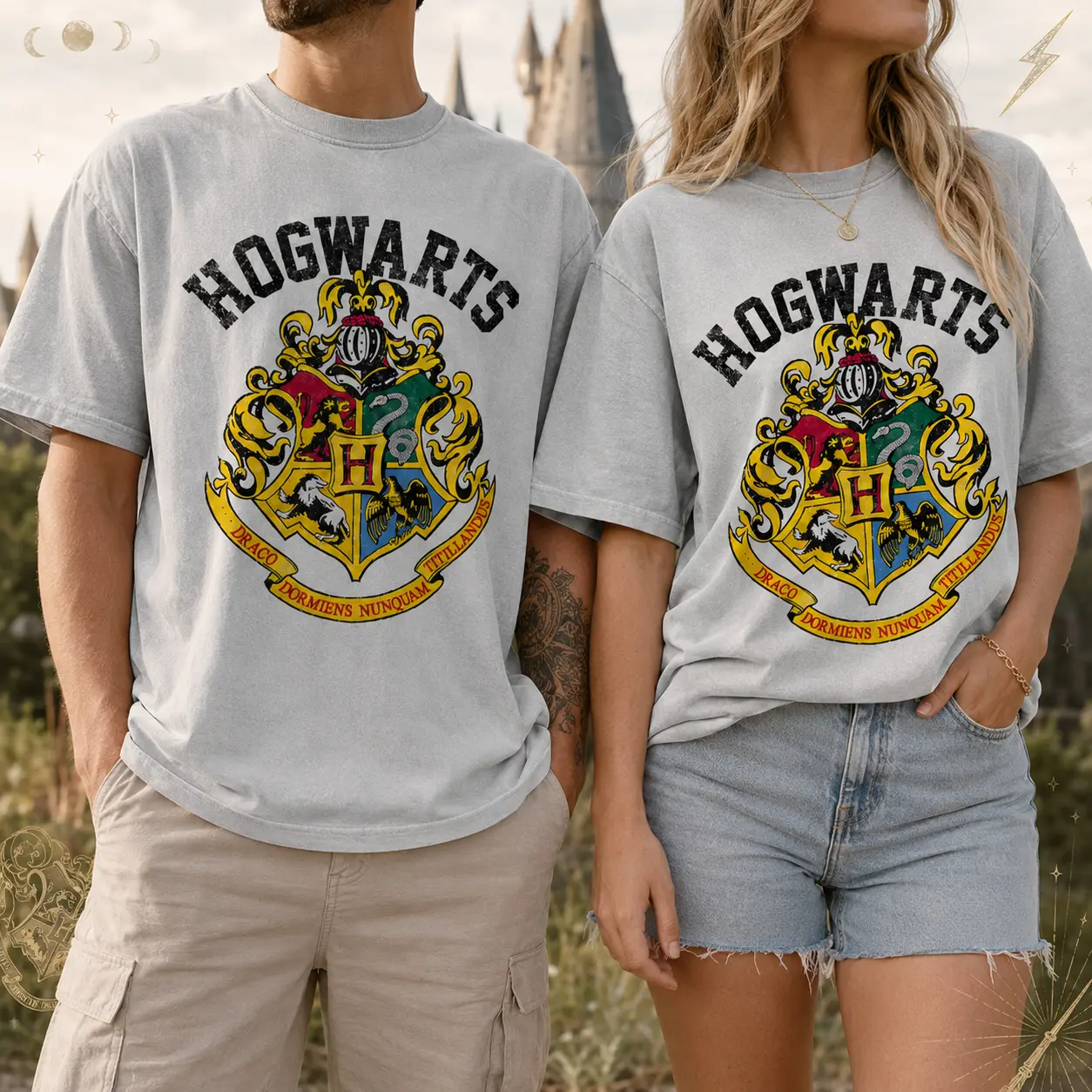 Harry Potter Hogwarts Crest 100% Cotton Graphic T-Shirt, Unisex Short Sleeve Crew Neck, Vintage College Style Relaxed Fit White Tee, Fan Gift