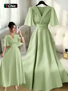 New Women's Lapel Neckline Dress, Waist Ruched Back Tie Chiffon Patchwork, Peplum Sleeves Design, Casual Elegant Summer Dress