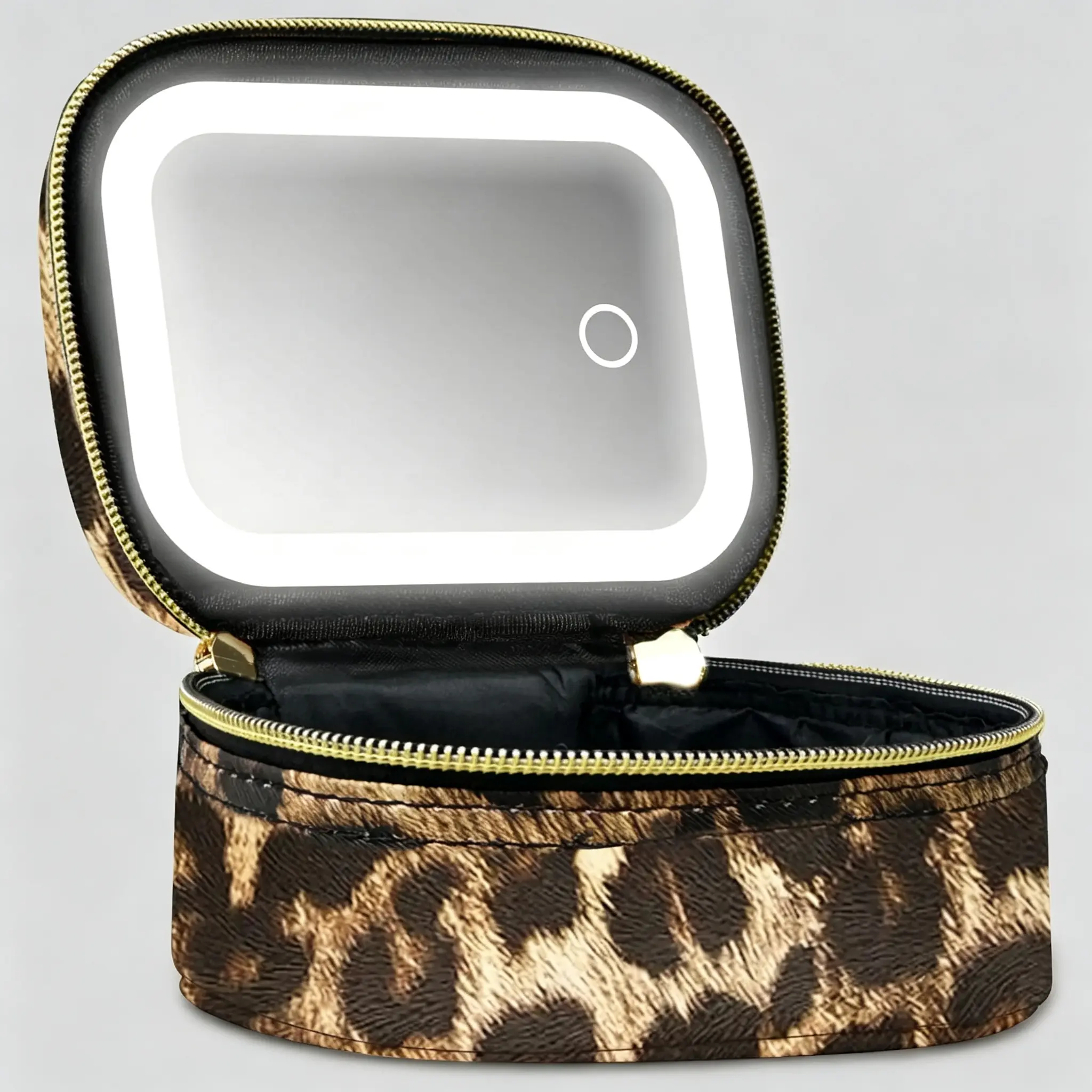 Leopard Print Mini Makeup Bag with Lighted Mirror and 3 Adjustable Brightness Levels, Portable Travel Train Case for Women, Artist Storage Organizer, Mini Size