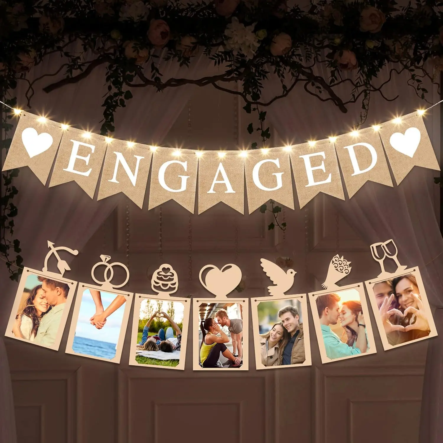 2 Pieces Engaged Banner and Photo Banner with String Lights Engagement Party Decorations Burlap Romantic Engaged Sign Bunting Garland for Wedding Anniversary Bridal Shower Backdrops Photo Props