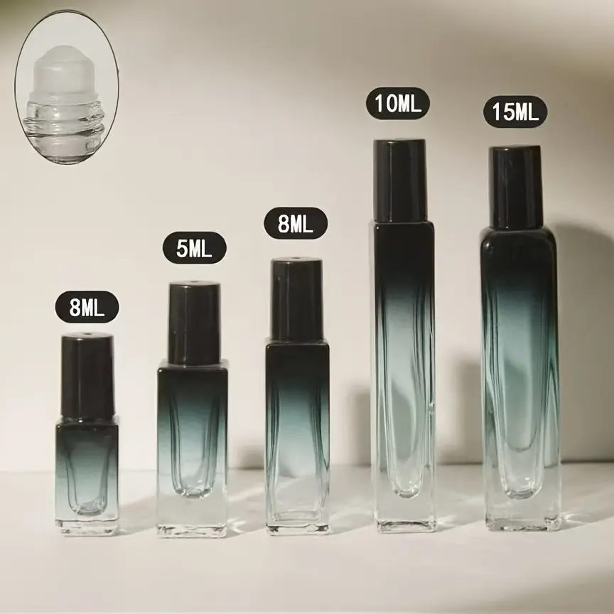5pcs Graduated Perfume Rollerball Bottles, Reusable Essential Oil Vials, 3ML-15ML Capacity, Gradient Blue Color, Ideal for Refilling