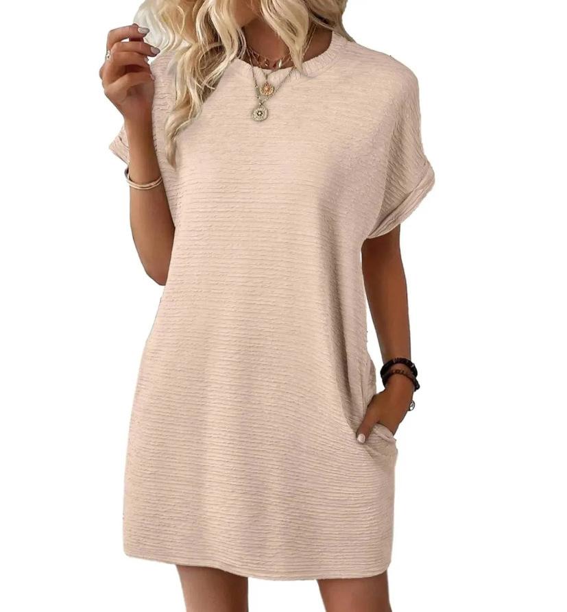 2026 Summer New Loose Crew Neck Pocket Solid Color Short Sleeve Dress for Women Casual Daily Wear Mini Dress
