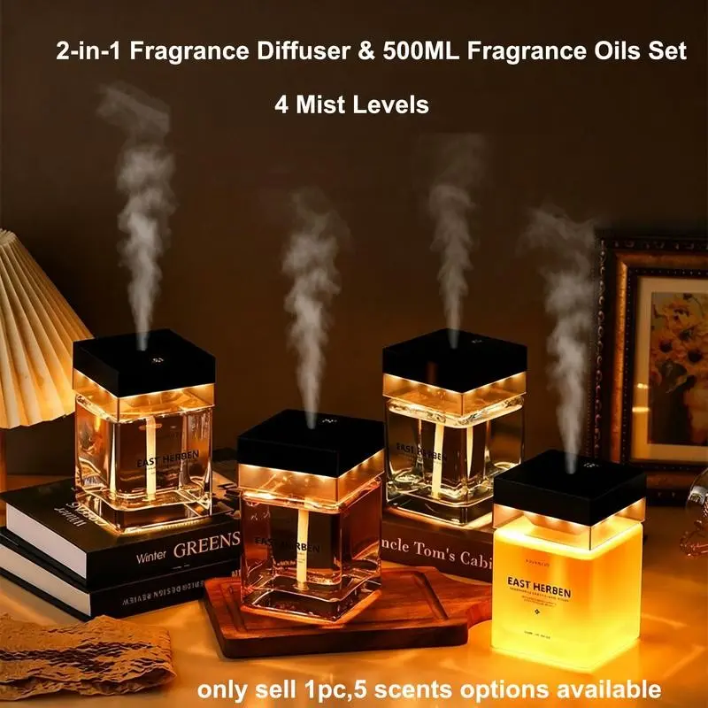 2-in-1 Low Noise Ultrasonic Scent Diffuser With Warm Light & 500ML Oil Set, 4 Mist Levels Aroma Air Freshener For Home Office Bedroom Gift
