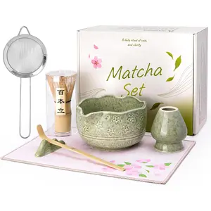 Matcha Whisk Set - 7 count Ceramic Matcha Kit with 18oz Spout Bowl & Cherry Blossom Design,  Whisk & Holder, Scoop, Rest, Sifter, Towel, Elegant    Set for Macha Lover, Green