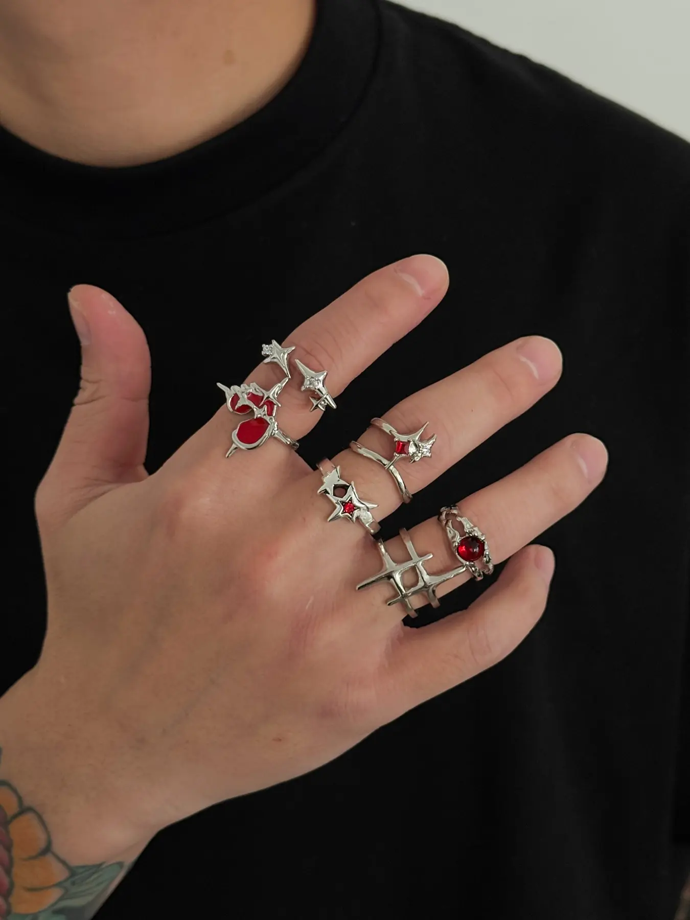 Men's Gothic Punk Ring Set, Acrylic Star Design Jewelry Gift, Casual Streetwear Accessory, Perfect for Daily Wear & Parties, Dark Aesthetic Rings