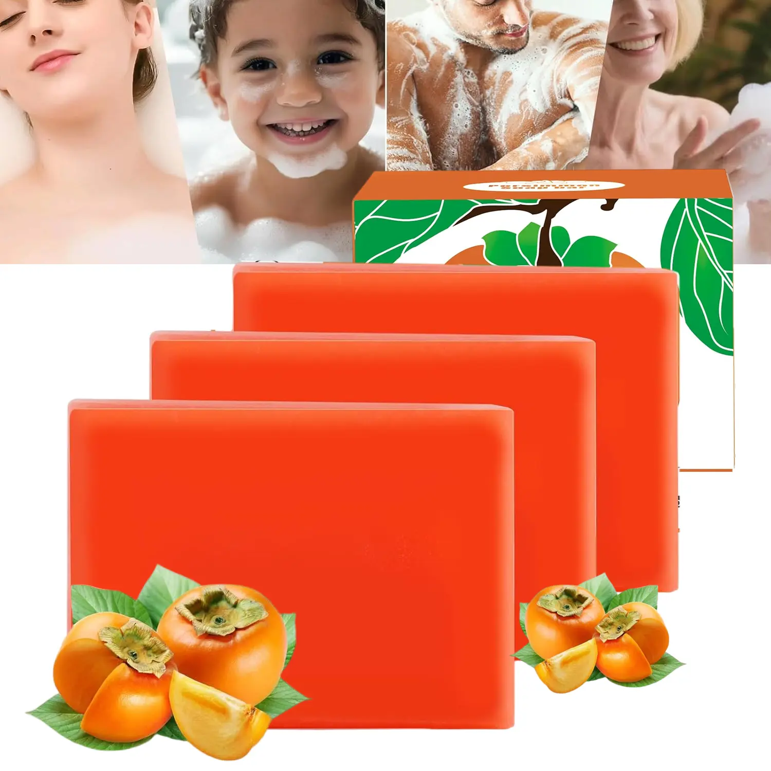 3 PCS Natural Persimmon Deodorant Bar Soap, Deep Cleansing Body Soap for Eliminating Body Odor, Sweat & Aging Smell, Mild Moisturizing Olive Oil Soap for Sensitive Skin, All Ages Use