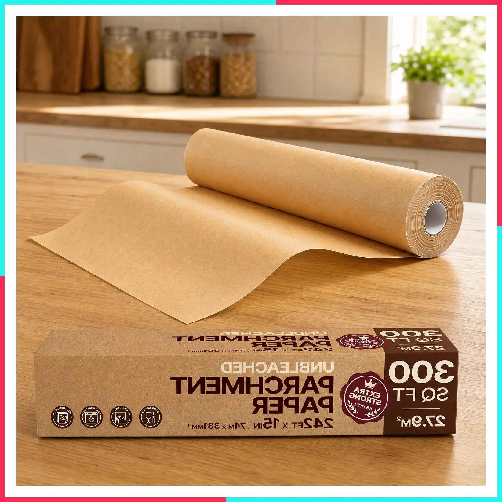 Unbleached Non-Stick Parchment Paper Roll with Serrated Cutter, 15 in x 242 ft, 300 Sq Ft for Baking, Cooking, Air Fryer