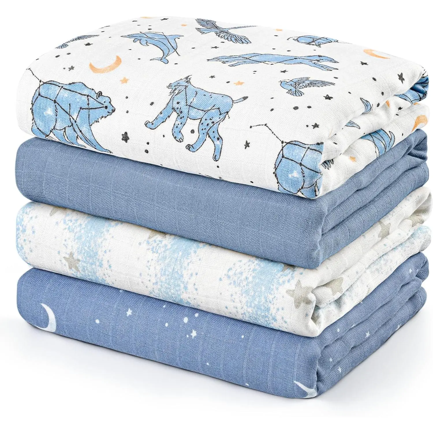 Viscose Bamboo Blend Muslin Swaddle 4-Pack, Breathable Soft Wrap Receiving Blankets (35" x 40") with Star Print, Baby Burp Cloths for Strollers, Unisex Baby Gift