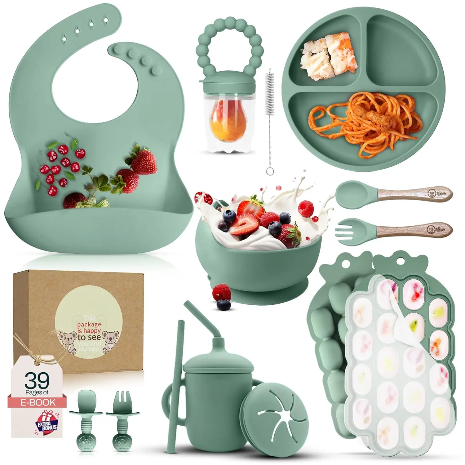 Baby Weaning Set – 15 Pcs Silicone Baby Feeding Set with Suction Plate, Bowl, Bib, Sippy Cup, Fruit Feeder & Freezer Tray – Baby Plates and Bowls Set for 3M+ |     BPA-Free Baby Dishes & Utensils