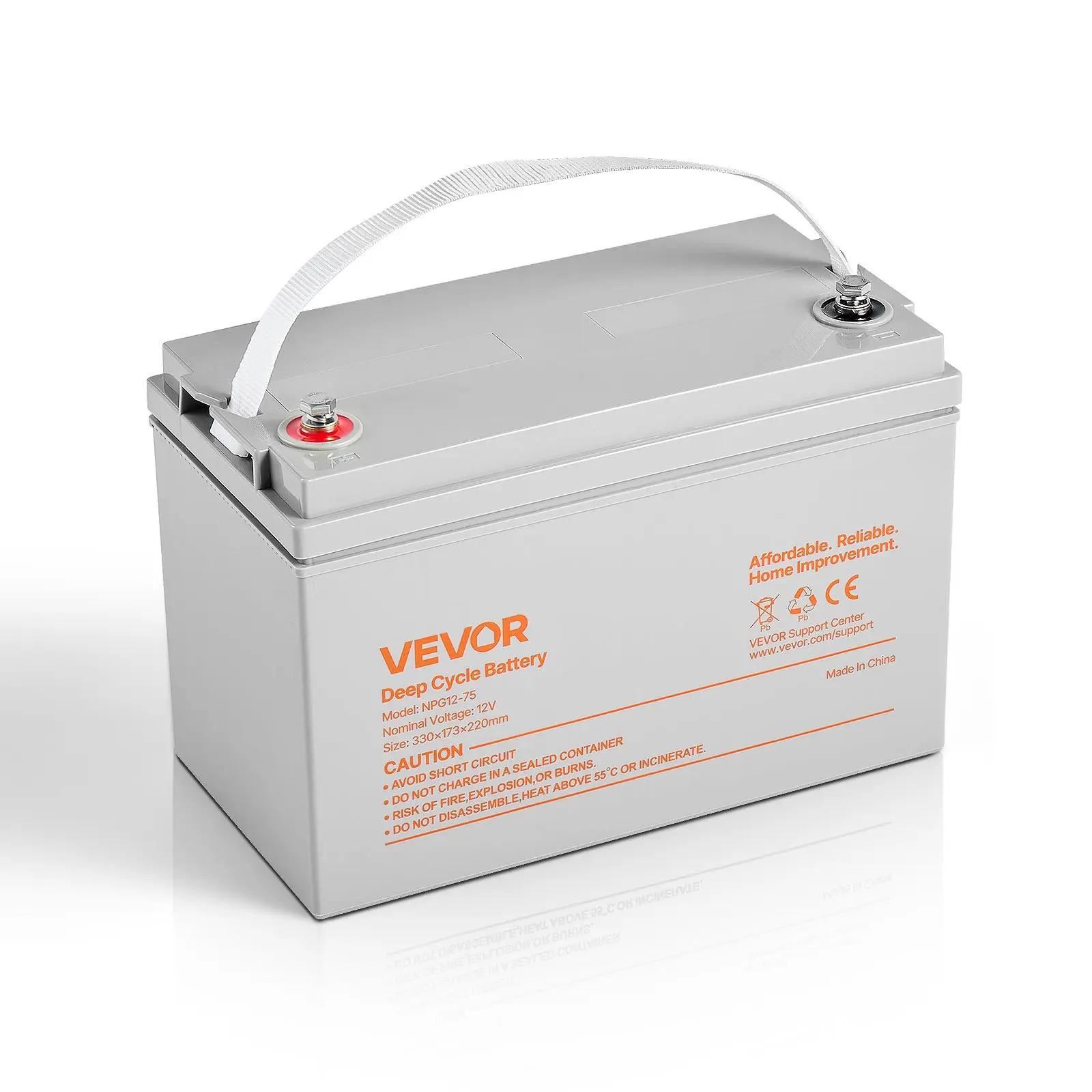VEVOR 12V 75Ah 225A Low Maintenance Sealed AGM Deep Cycle Battery - Rechargeable Backup Power for Scooters, Solar System; Secure Installation Design