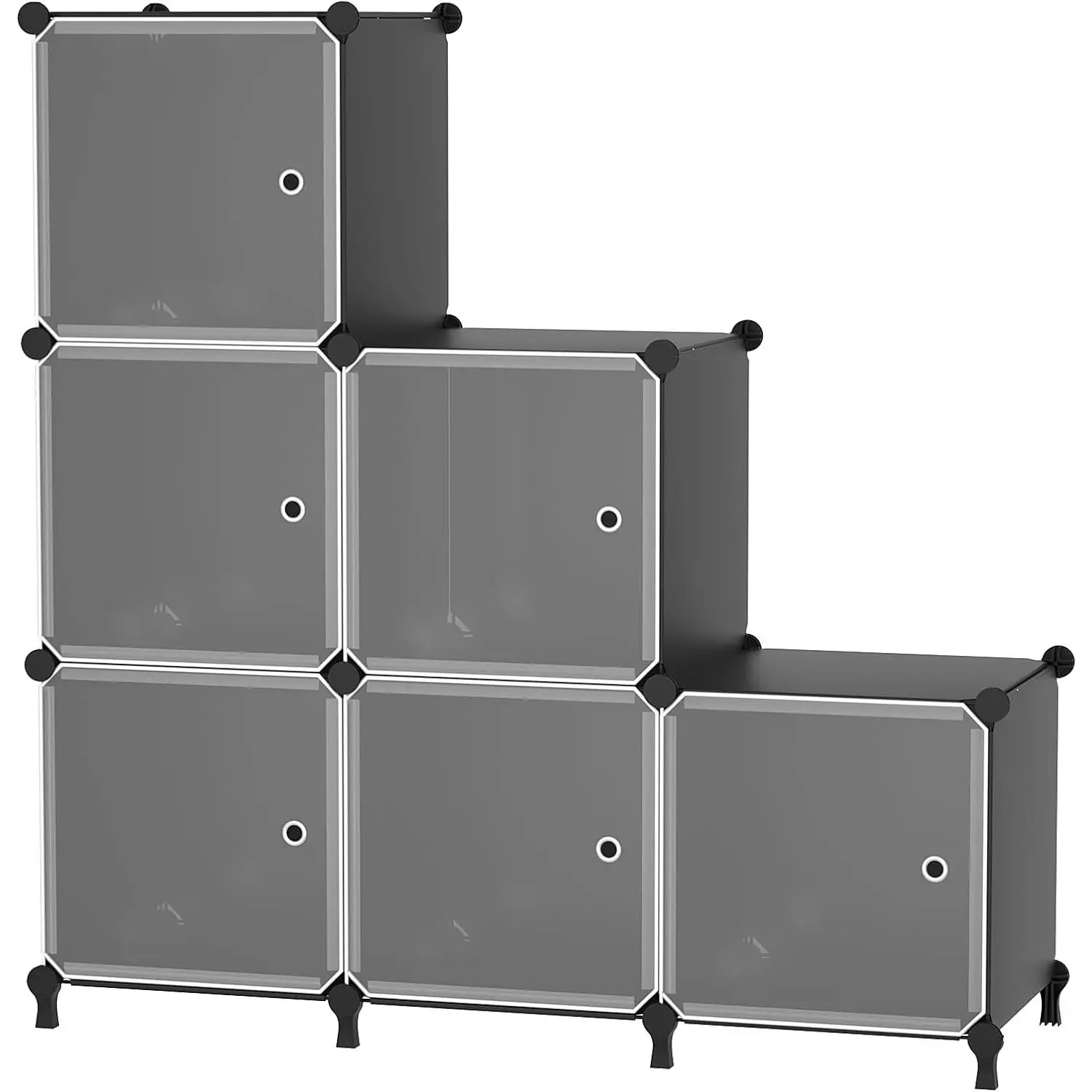 Cube Storage Organizer, 6-Cube Shelves Unit with Doors, DIY Stackable Plastic Clothes Organizer for Bedroom and Under Stairs Storage Unit, Each Compartment 30 x 30 x 30 cm Black