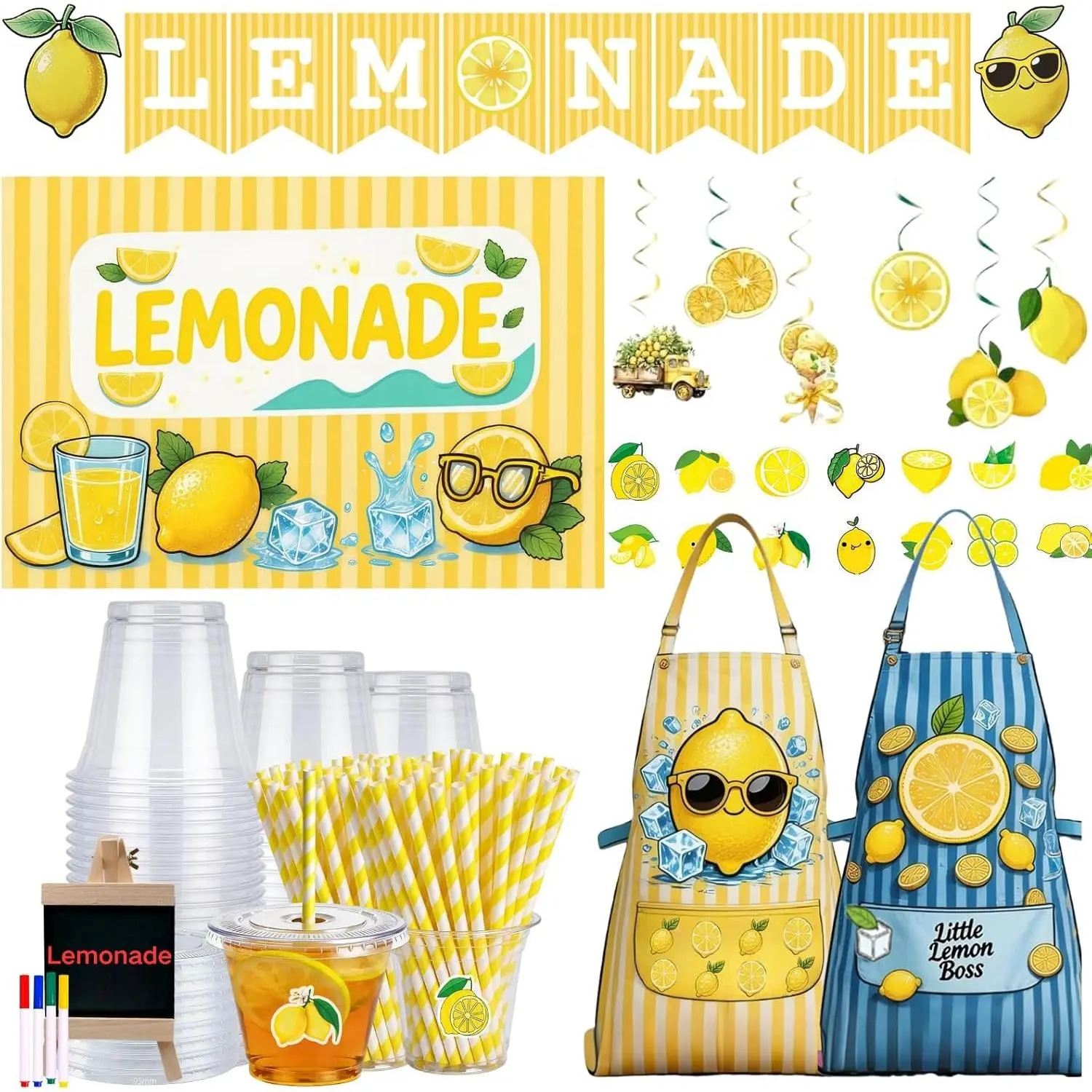 108 PCS Lemonade Stand Supplies Beverage Drinking Cups Lemonade Stand Kit for Lemon Theme Birthday Party Decorations