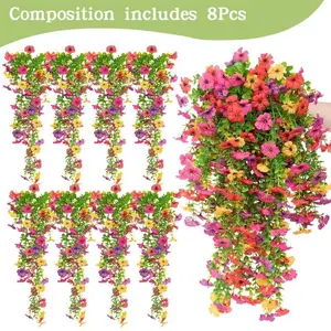 8/16PCS Faux Silk Daisy with Eucalyptus Leaves, Artificial Fake Hanging Flowers Plants for Outdoor Autumn Decoration,UV Resistant Look Real Long Trailing Vines for Outside Home Indoor Planter Porch Patio Balcony Yard Decor