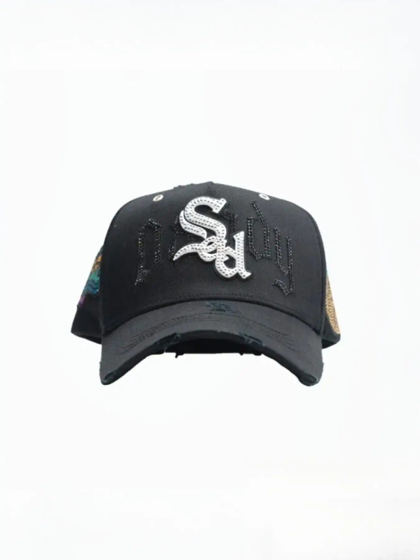 Dandy Sad Boyz II Psicodelica Black Baseball Hat, Distressed Cap with Rhinestone Letter Details, Unique Design for Urban Street Style