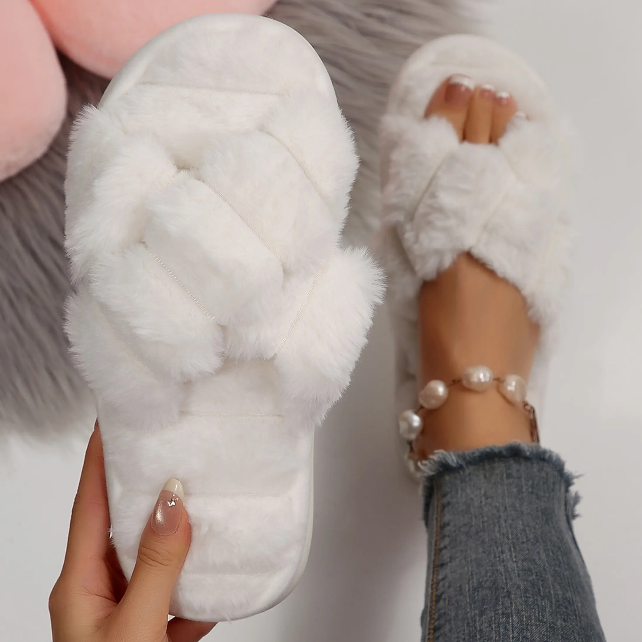 Womens Slippers Colorful Plush Comfortable Warm Winter Indoor Easy On-Off Cross Strap Open Toe Cozy Home Footwear