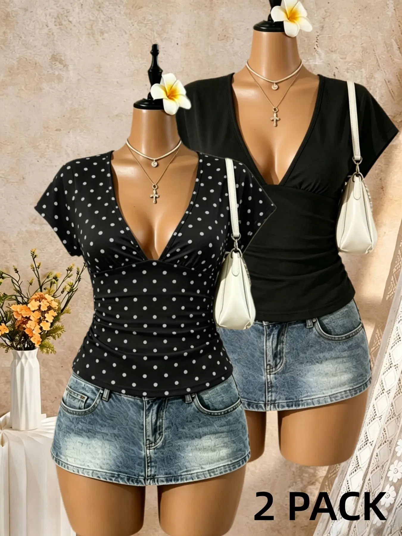 Deep V Shoulder Cover Short Sleeve T-Shirt, Waist Side Pleat Slim Fit, Casual Plain Top, Two-Piece Set for Daily Wear, Casual Daily Tops