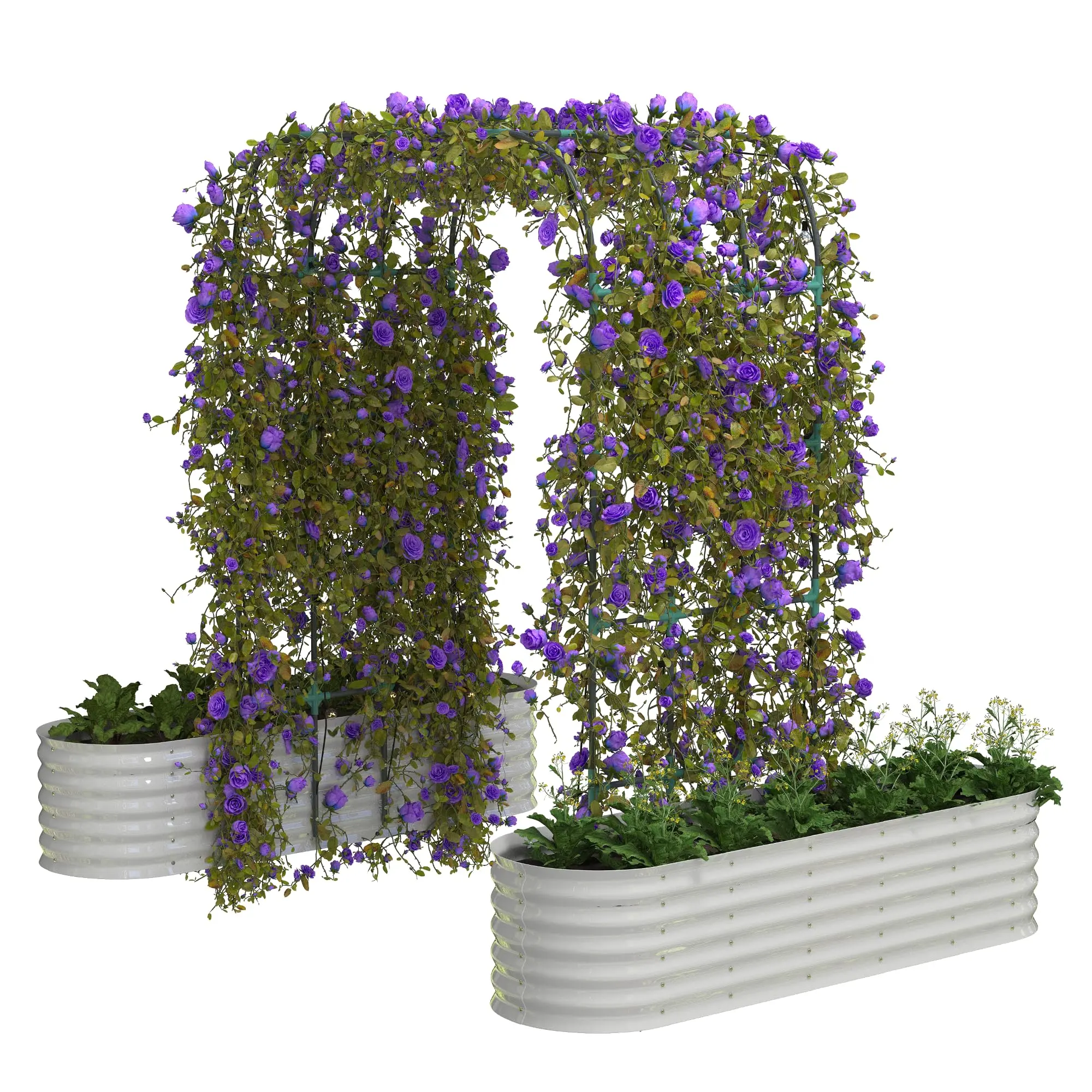 Beige Galvanized Raised Garden Bed with 96" Tall Vertical Arch Trellis, Expandable Rust-Resistant Planter Box Includes Plant Clips and Drainage Netting for Outdoor Plants, Flowers, Herbs & Vines