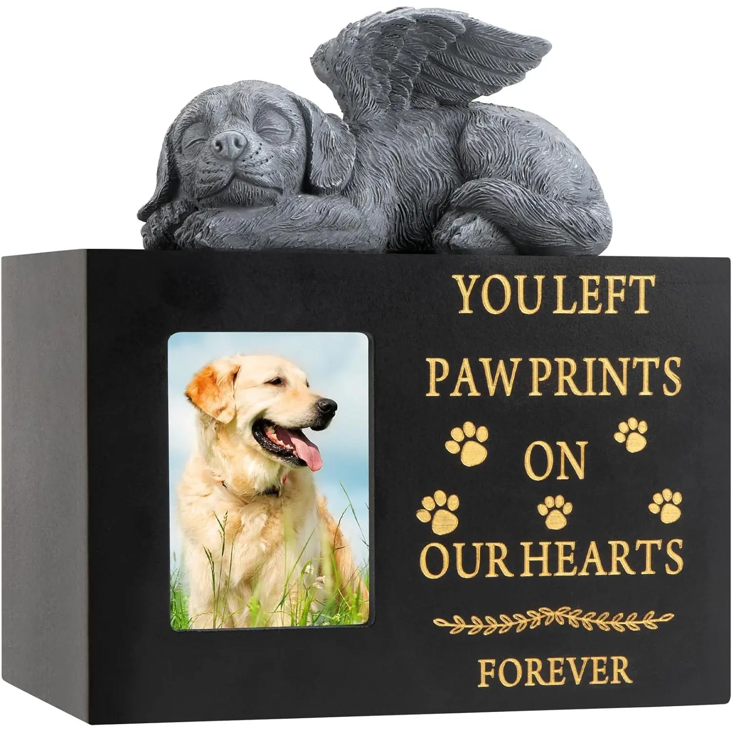Pet Urns for Dog with Dog Angel, Wooden Pet Memorial Urns with Photo Frame, Pet Cremation Urns Keepsake Memory Box with Black Flannel as Lining, Loss Pet Memorial Remembrance Gift
