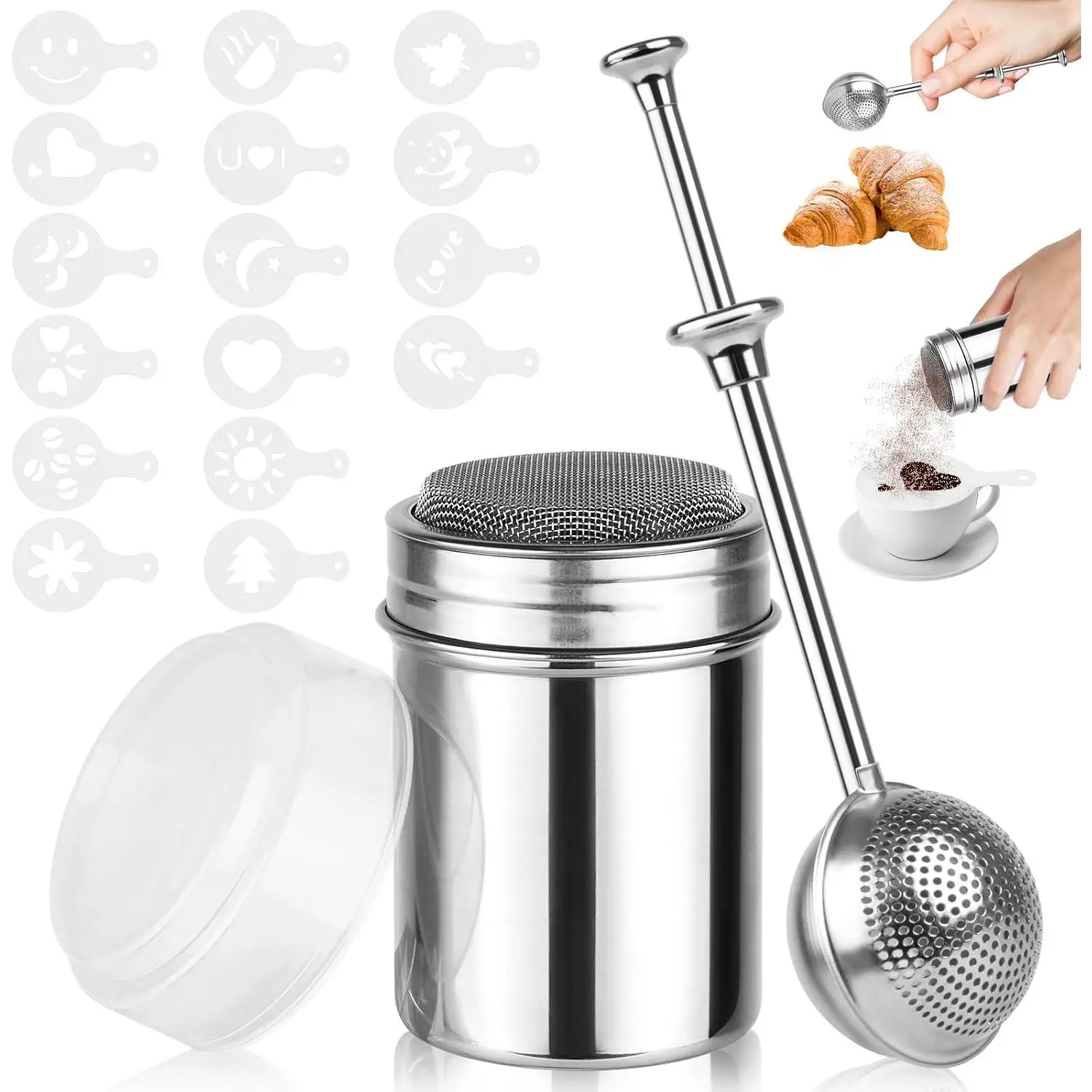 2 Pack Powdered Sugar Shaker Duster, Stainless Steel Cinnamon Sugar Shaker & Flour Duster Set, Spring Flour Sifter with 16 count Coffee Stencils for Baking, Coffee