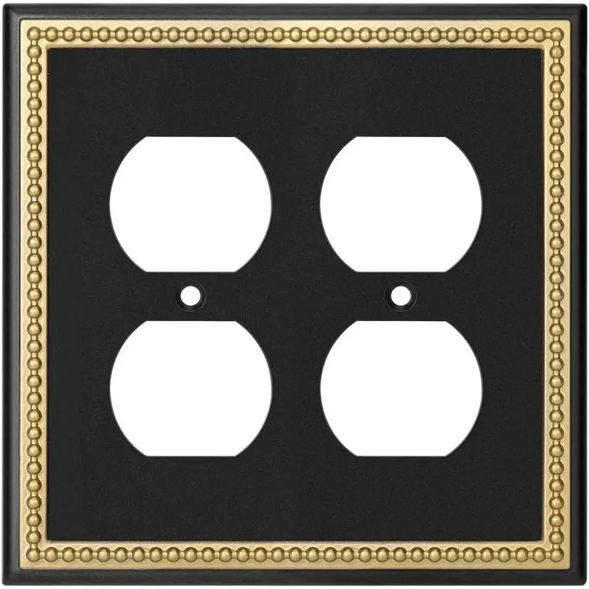 Black & Dark Golden Pearled Frame Zinc Alloy Dark Finish Double Duplex Decorative Wall Plate Outlet Cover, Indoor