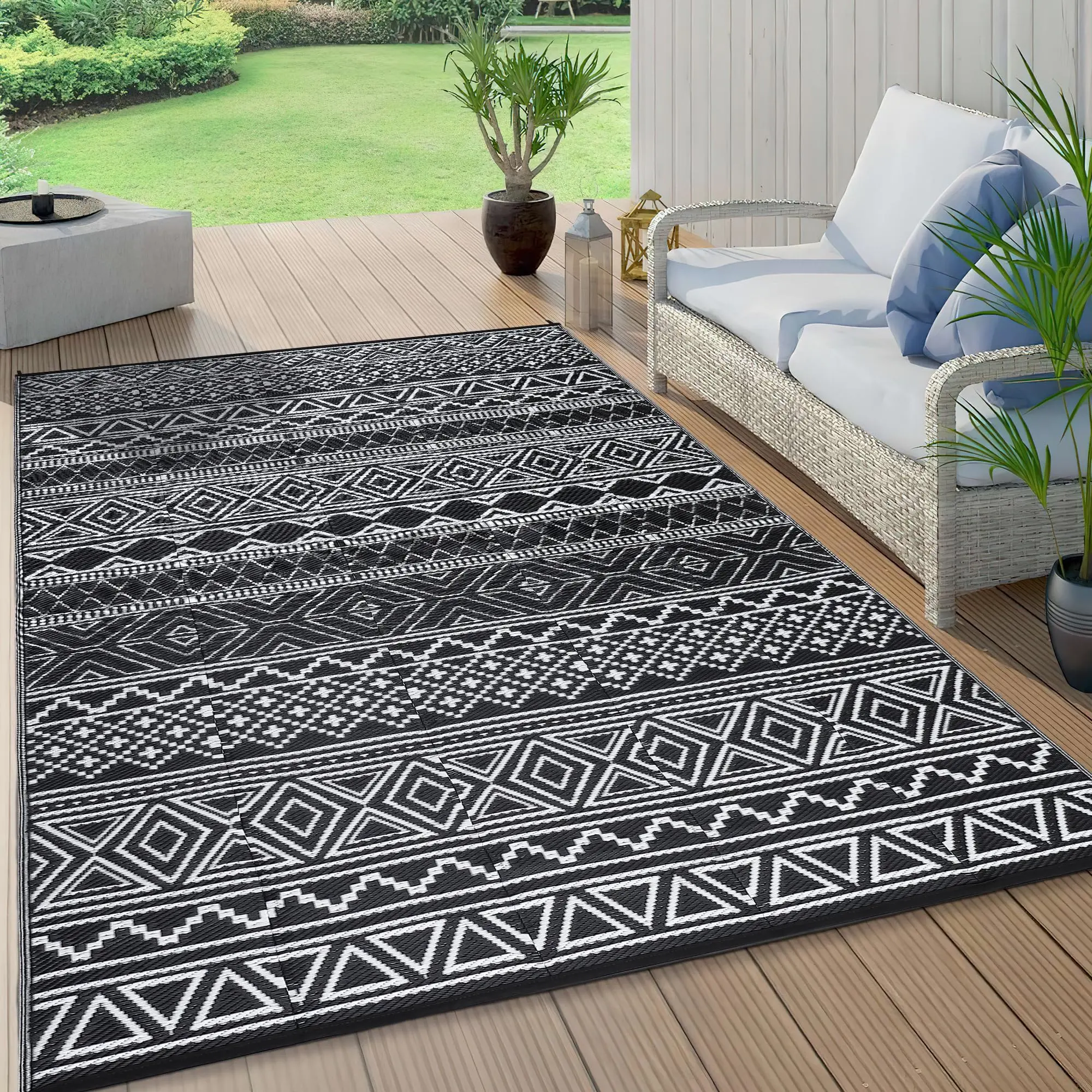 【GARVEE】8' x 10' Waterproof Outdoor Rug – Reversible Plastic Straw Camping Carpet with Stakes, Non-Shifting – Large Area Rugs for Backyard, Deck, Balcony, Porch, RV, Picnic, Beach