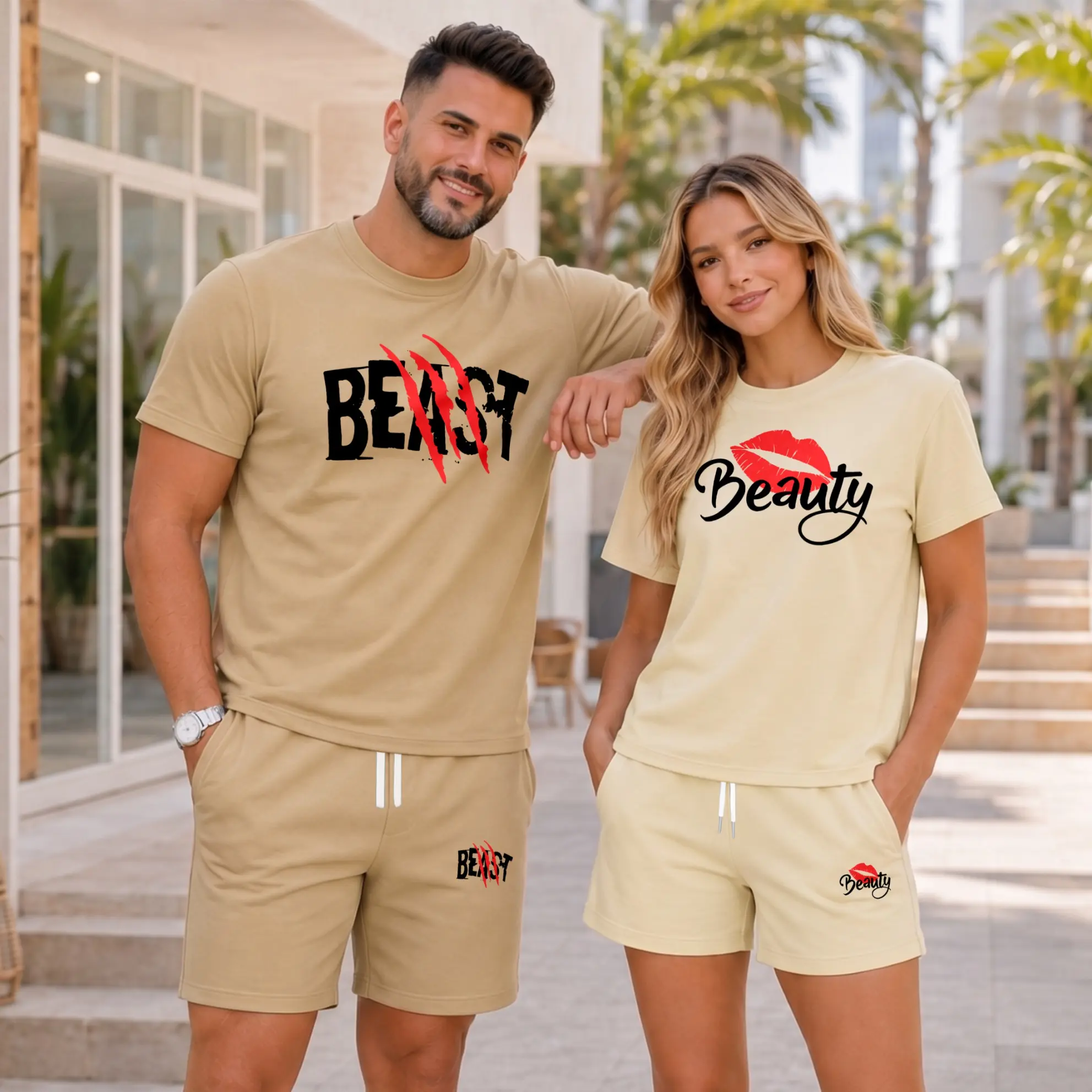 Matching Couple Beauty and Beast Short Sets, Graphic Tee and Shorts Two Piece Outfit, Soft Casual Summer Matching Set for Couples, Vacation, Streetwear, Weekend, Daily Style