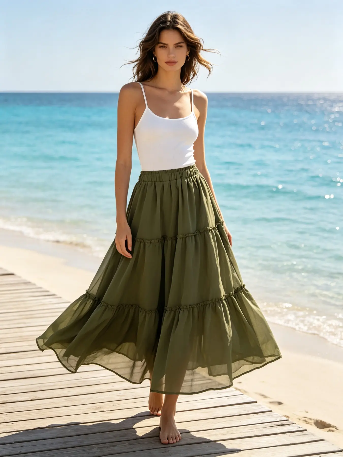 Women's Olive Chiffon Midi Skirt, Elastic Waist, Ruffle Layered, Loose Fit, Summer Vacation, Casual Streetwear, A-Line Dress