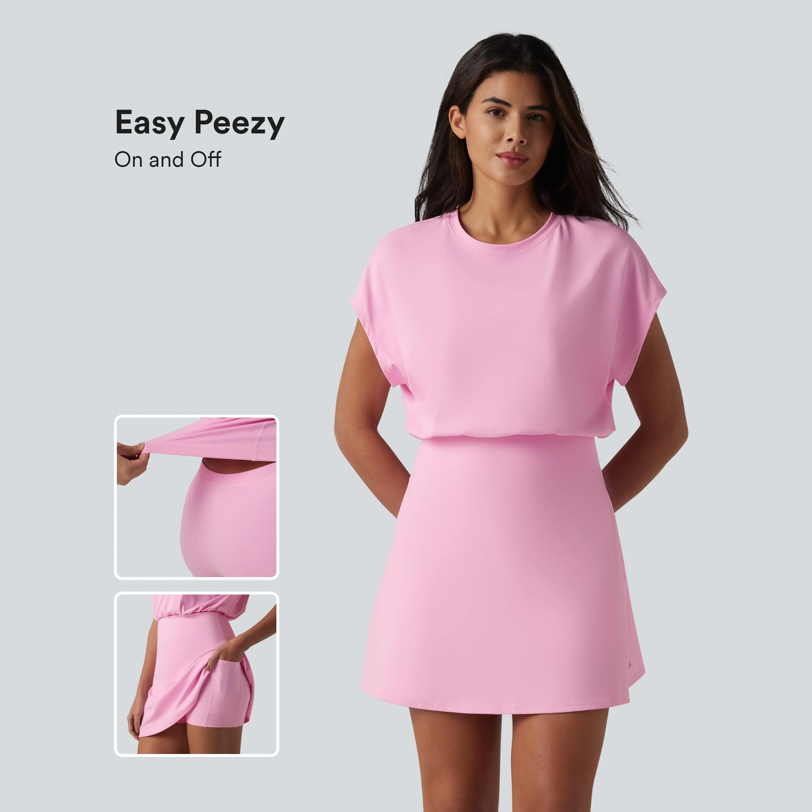 Halara SoftlyZero Airy Round Neck Short Sleeve 2-in-1 InstantCool Mini Yoga Active Dress with Pockets-Easy Peezy Edition