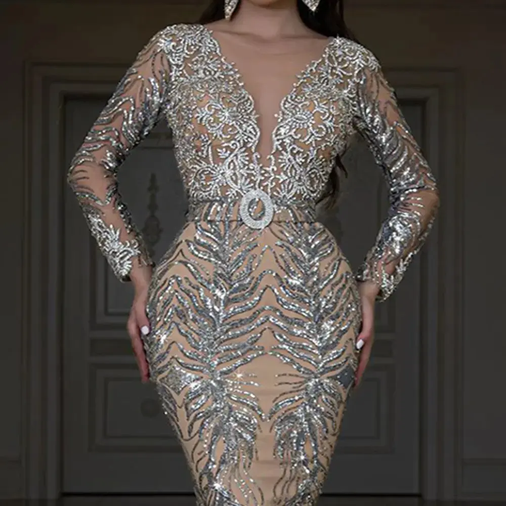 2025 women's dress gold-stamped long-sleeved slim sexy fishtail floor-length evening dress