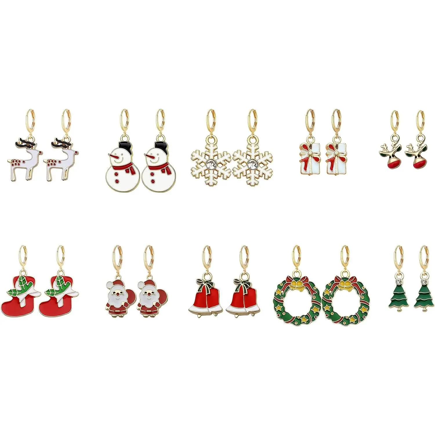 10 Pairs Christmas Hoop Huggie Earrings for Women Christmas Stud Earrings Christmas Trees Bells Snowflakes Earrings for Thanksgiving Xmas Holiday